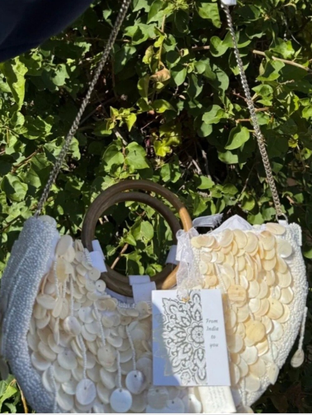 NEW! Cream White Shell Half Moon Wooden Handles Beaded Bag Made in India - Picture 4 of 5